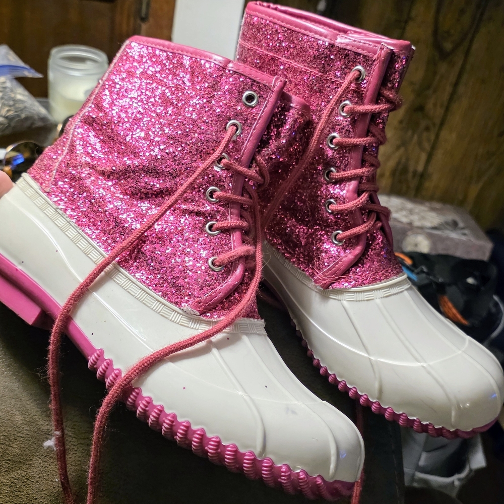 Sugar Hot Pink Glitter Lace-Up Duck Boots with White Shell